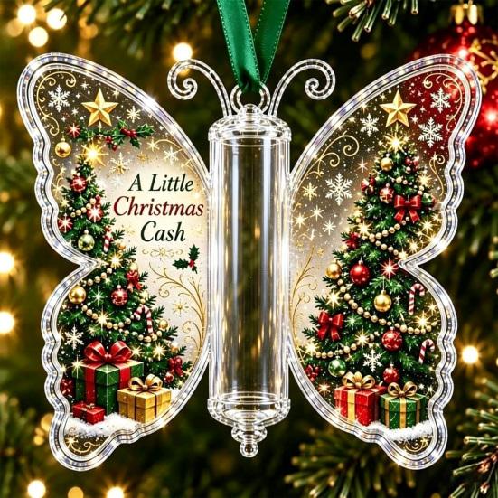 Geschenke für Familie Freunde Schmetterling Bargeldgeschenk Schmuckstück, Weihnachts-Geldhalter Hängende Dekoration mit festlichem Urlaubs-Haus-Druck, Acryl-Baum-Anhänger