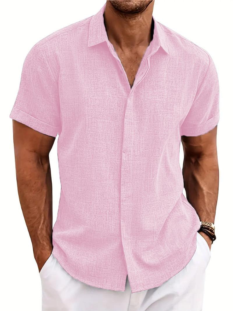 Summer lapel button-up new men s D-print pocket-less printed shirt S розовый