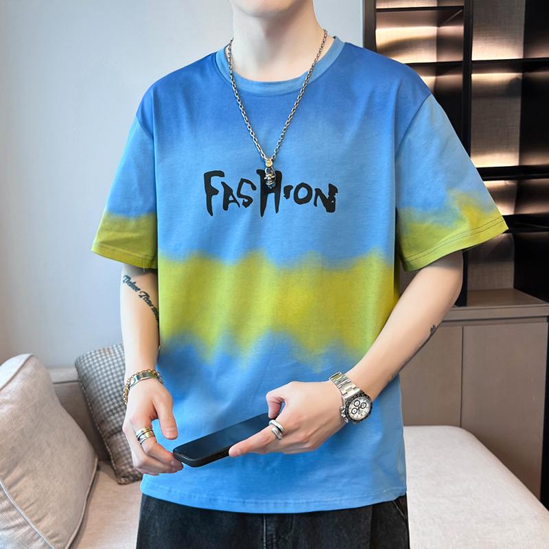Men's Gradient Print Crew Neck T-Shirt - Casual Letter Graphic Tee