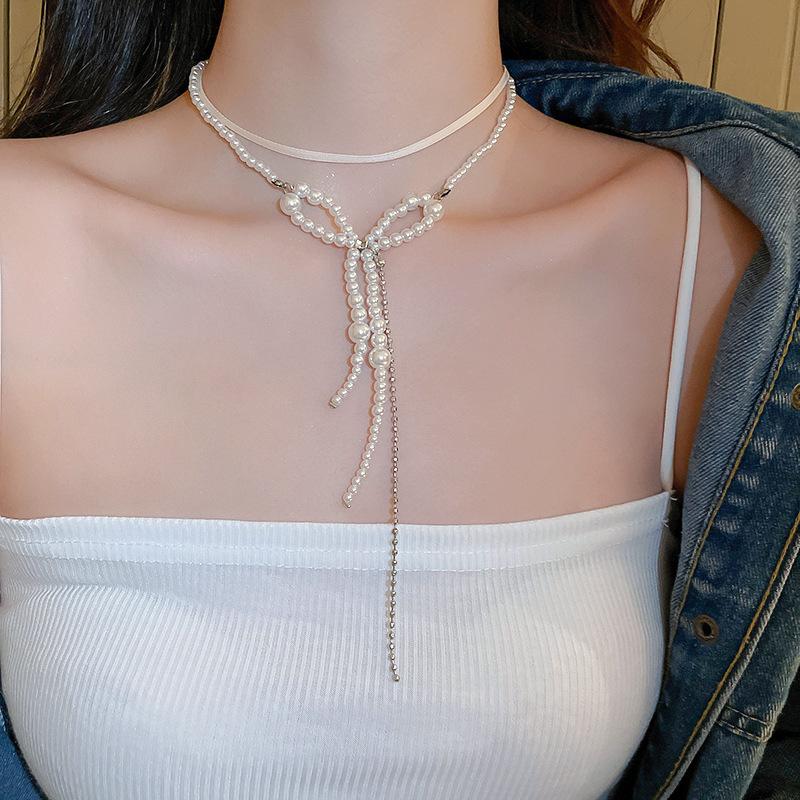 French bow pearl fringed double necklace accessories high sense fashion temperament collarbone chain versatile necklace accessories women