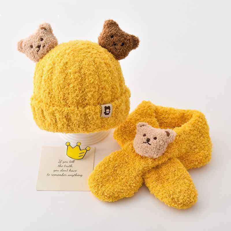 Autumn and winter baby hat scarf two-piece set super cute children's knitted tire hat bear warm ear hat