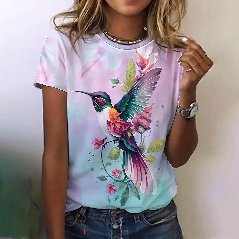 Summer Women's T-shirt Bird Print Casual Short Sleeved 3D T-shirt Fashionable Street Wear Round Neck Pullover for Women's Oversized Clothing