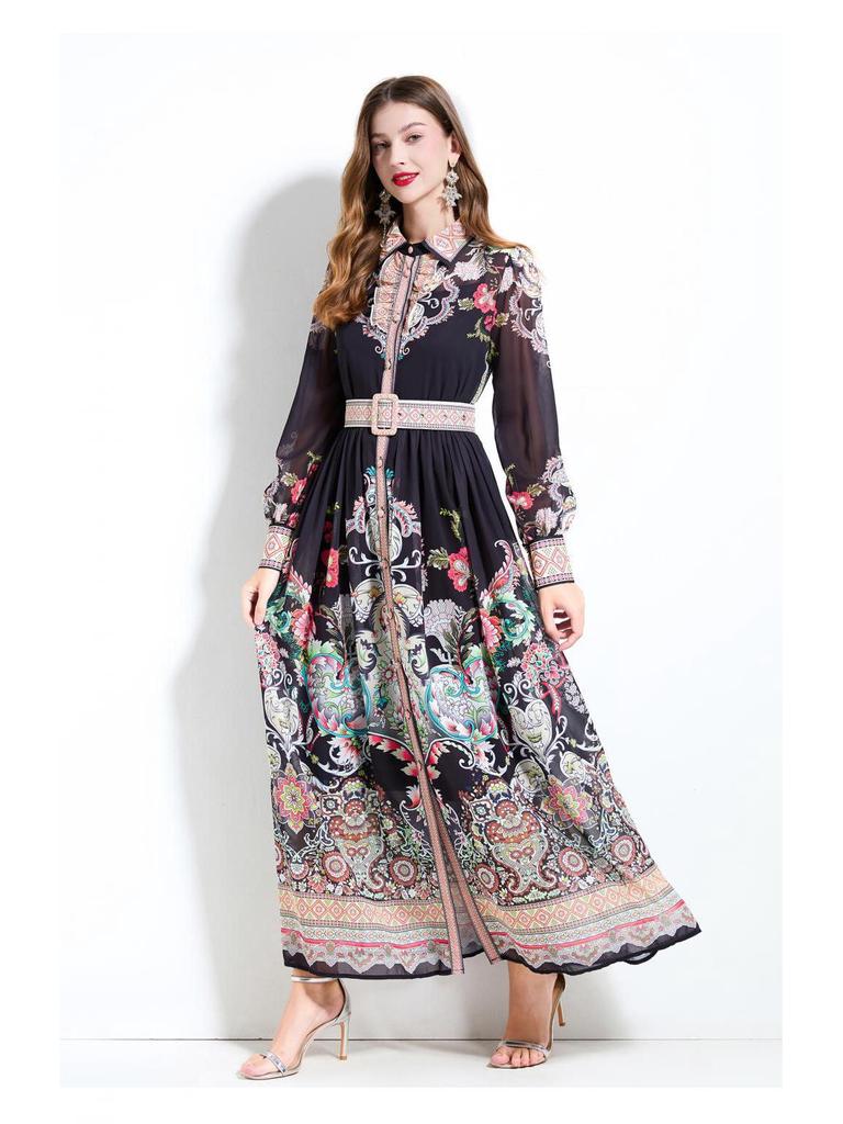 Original Design SS '25 Chiffon Blouse & Waist-Gathering Ruffle Long Dress Set with Collar Print, Long Sleeves.