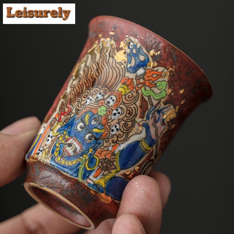 61ml Plant Ash Thangka Hand Painted Mahakala Teacup Retro Tea Bowl Cup For Tea Tea-tasting Smelling Cup Chazhan Master Cups Cafe