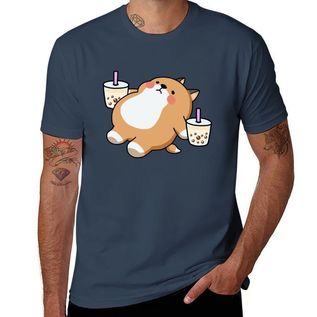 Lazy Shiba Loves Boba Tshirt Basic Crew Neck Short Sleeve Top