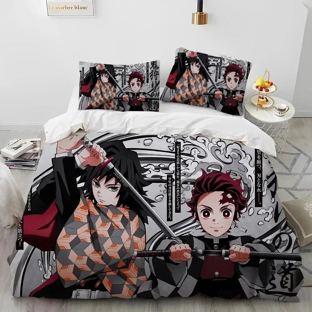 Conjunto de Roupa de Cama Dupla Infantil com Capa de Edredom e Fronhas do Anime Demon Slayer - Venda Quente 3D - Decoração de Quarto de Casa - Presente para Meninos Meninas