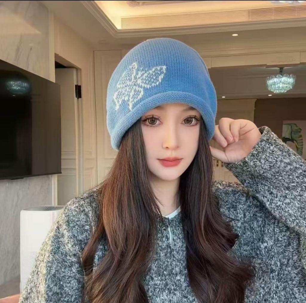 2025 new crimping drawstring stacking hat showing a small face knitted autumn and winter warm ear protection hat women's cold hat Baotou hat