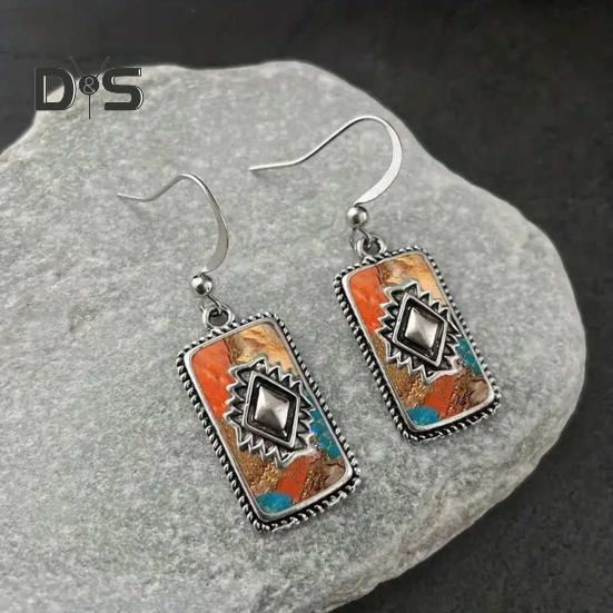 1 Pair Lady Bohemian Earrings Vintage Ethnic Style Dangle Earrings Faux Turquoise Oblong Shape Hook Earrings Prom Daily Travel Ear Jewelry
