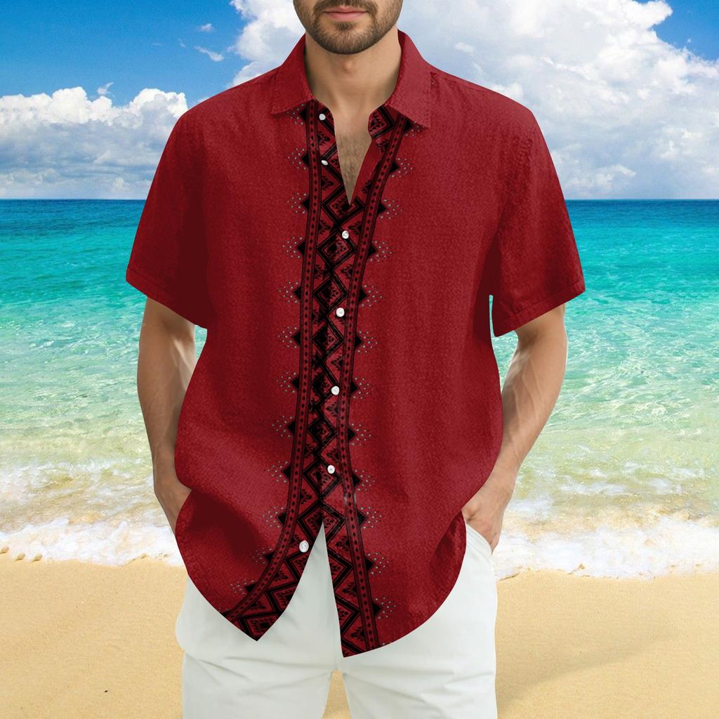 Men's Fashionable Casual Loose Striped Printed Beach Short-sleeved Shirt