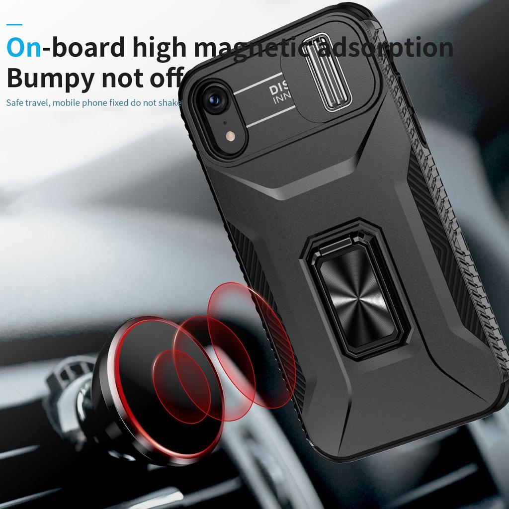 For iPhone XR Case TPU+PC Ring Kickstand Phone Cover Support Magnetic Car Mount -  Black