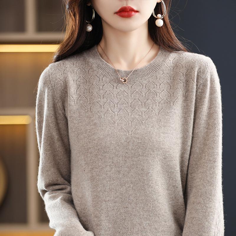 Women's Pure Wool Hollow Knit Round Neck Sweater - Stylish Autumn & Winter Pullover