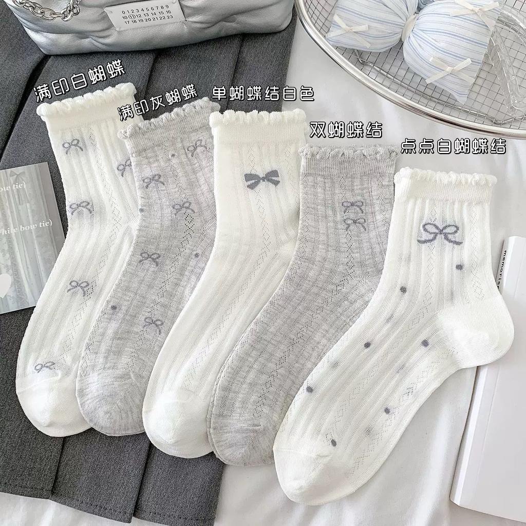 Bow socks women's summer thin lace cotton medium tube socks ballet style mesh breathable casual gray women's socks