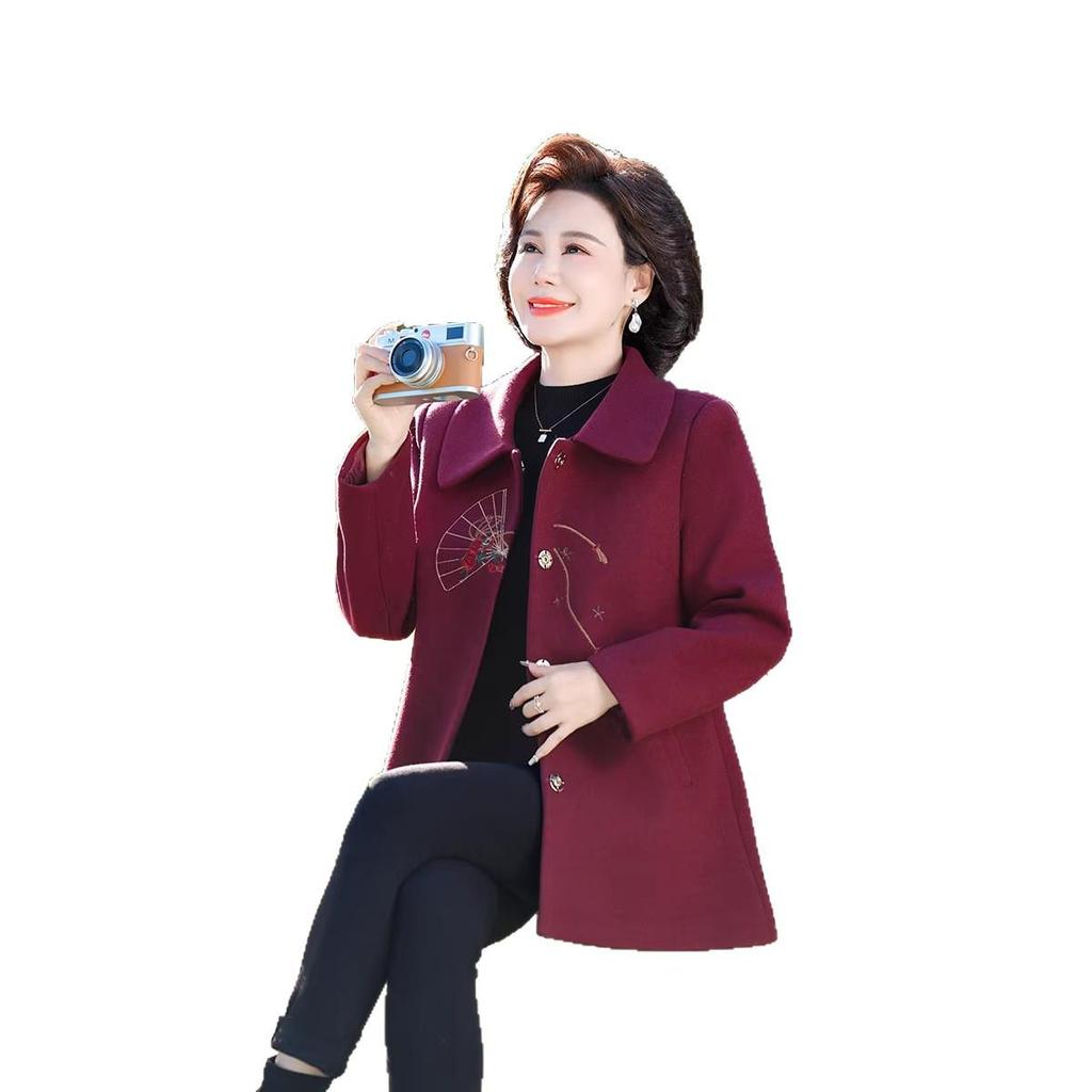 Mom's Stylish Quilted Embroidery Woolen Coat for Autumn and Winter
