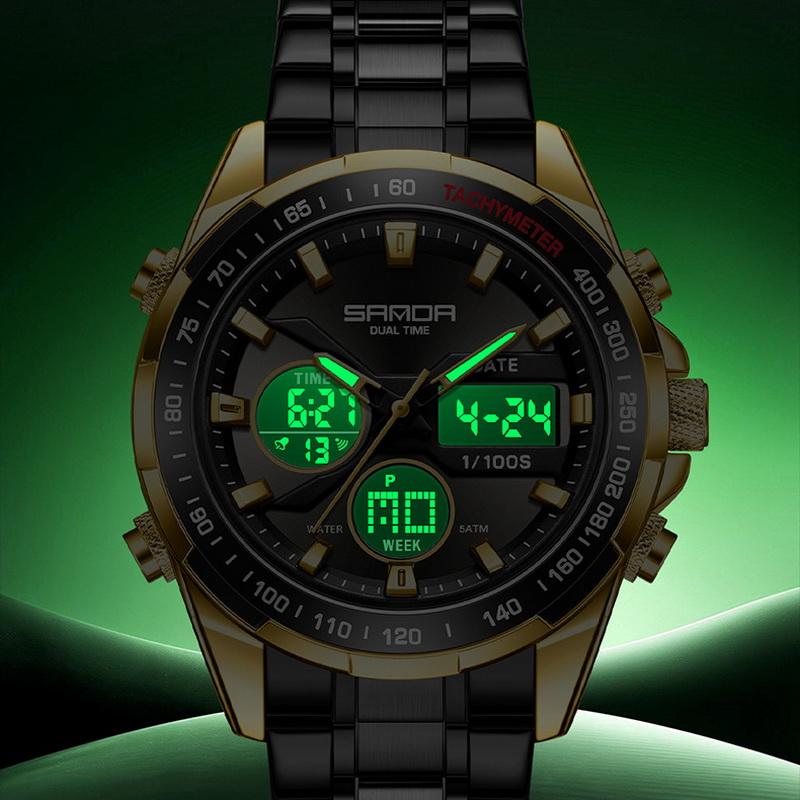 SANDA Stereoscopic Dual Display Watch Men's Steel Band Sunday Date 12/24 Hour 5ATM Waterproof Night Light Alarm Clock