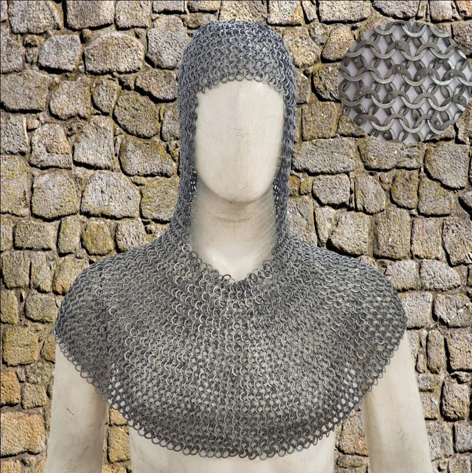 Knight Armor Chainmail Coif Hood Flat Riveted Rings LARP Outfit