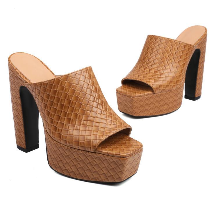New European and American style square head snake pattern embossed fish mouth sandals waterproof table thick heel high heel sandals women's shoes