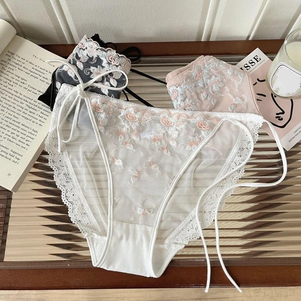 Low Waist Embroidery Flower Panties Transparent Mesh Lace Briefs Underwear for Women Girl