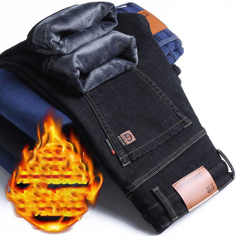 Zimní pánské teplé slim fit džíny business móda zahuštěné džínové kalhoty fleecové strečové značkové kalhoty černé modré