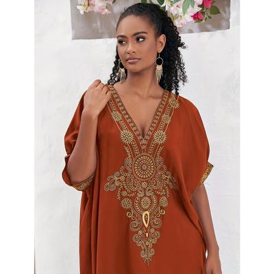 Ramadan Plus Size Boho Maxi Dress, Women's Plus Batwing Sleeve V Neck Geometric Print Kaftan Arabian Dress