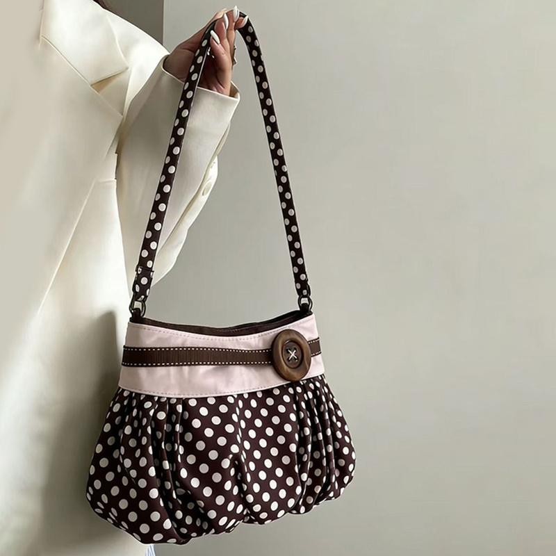 Retro Polka Dot Underarm Bag Cute Pleated Cloud Bag Wooden Button-Decor Handbag Casual And Versatile Commuter Shoulder Bag