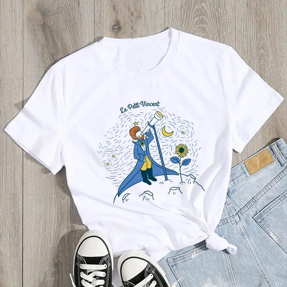 Van Gogh Gwieździsta Noc Kot w Druku Odzież Damska T-shirt Estetyczny Wzór Bawełna Krótki Rękaw Poliester Damski T-shirt