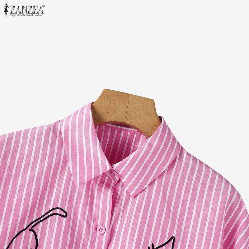 ZANZEA Women Turn Down Collar Loose Casual Short Sleeve Stripe Blouse