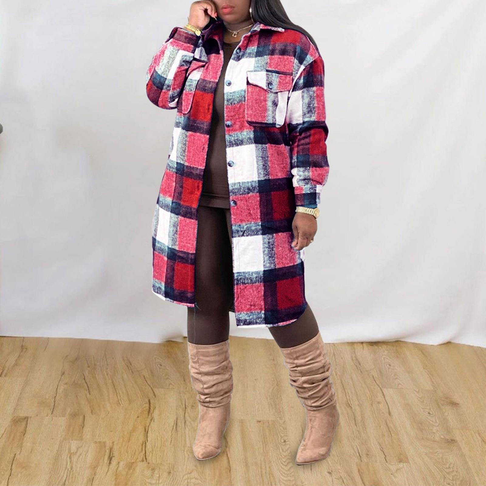 

Женская мода клетчатая рубашка с лацканами клетчатое твидовое пальто с длинным рукавом XL красный