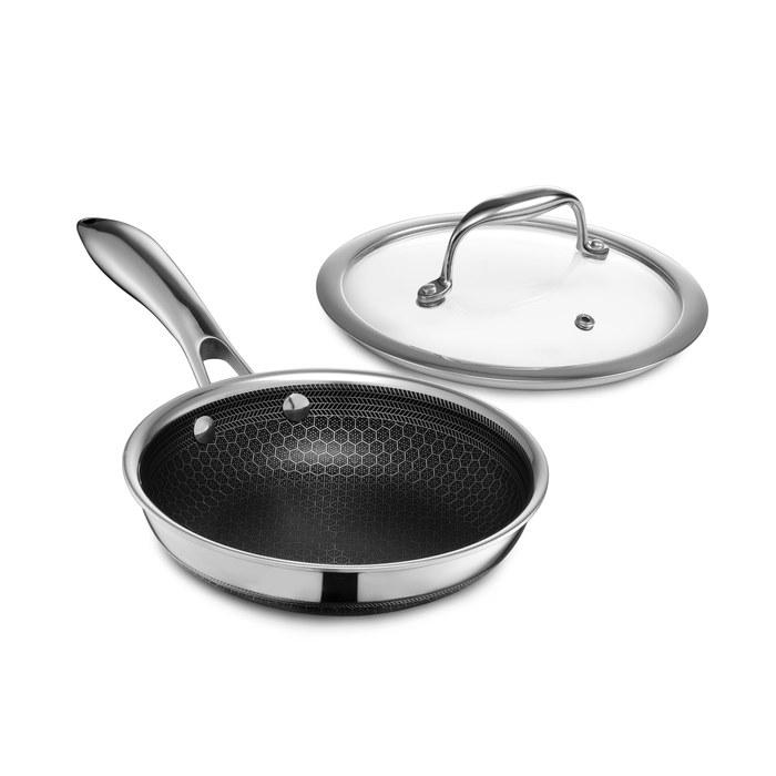 HexClad Hybrid Nonstick 7-inch Fry Pan with Glass Lid. Stainless Steel, 18cm. Dishwasher, Oven, and IH Safe.