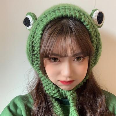 Frog Hat Cute Knitted Woolen Hat Autumn and Winter Big Eyes Frog Hair Band Hat Headgear Warm Ear Cap