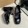ins simple small black high heels women's 2025 new autumn and winter square head thick heel French Mary Jane shoes