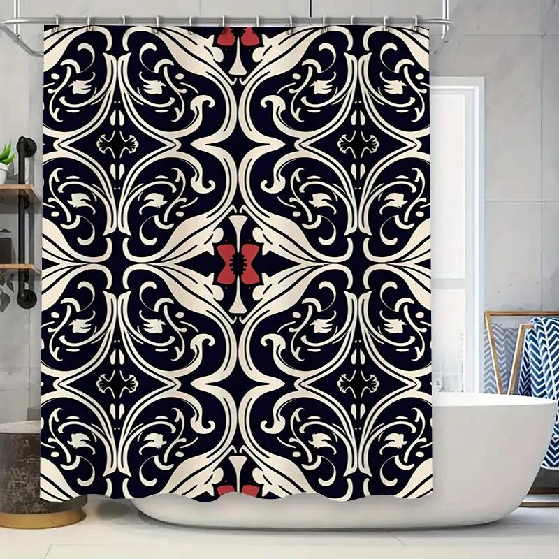 High-Quality Black And White Decorative Shower Curtain With Red Accents Perfect For Bathroom Dcor!