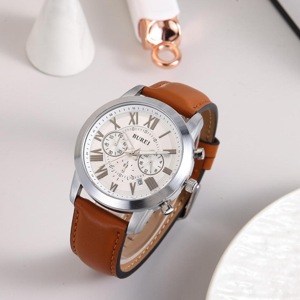BUREI Analog Quartz Watch with Date Roman Brown Leather Business Day Gift Men's Display, Waterproof, Easy-to-Read Chronograph, Numerals, Strap,