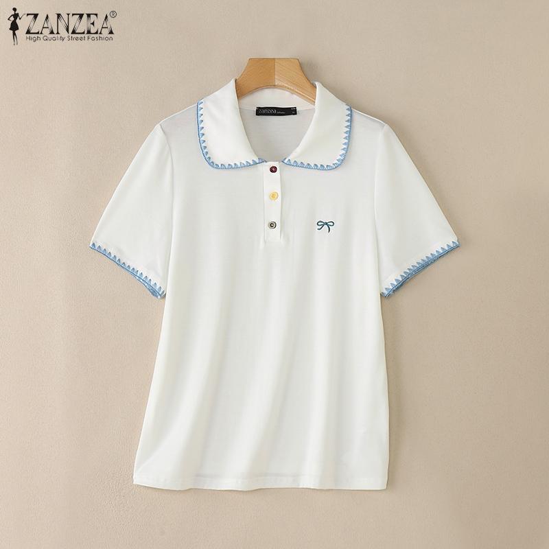 ZANZEA Women Lapel Neck Short Sleeve Stitching Embroidery Casual Tops Blouse
