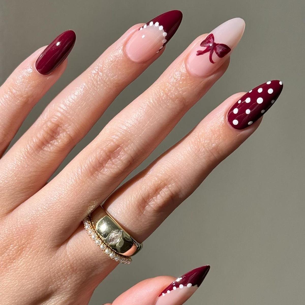 Valentine s Day Wine Red Almond French Polka Dot Bow Nails - Set of 30. Glue Model