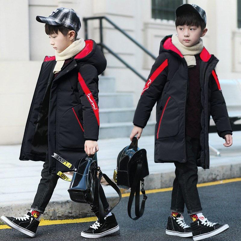 Warm Winter Boys Jacket Teenager Mid Length Plus Velvet Thickening Hooded Cotton Coat Kids