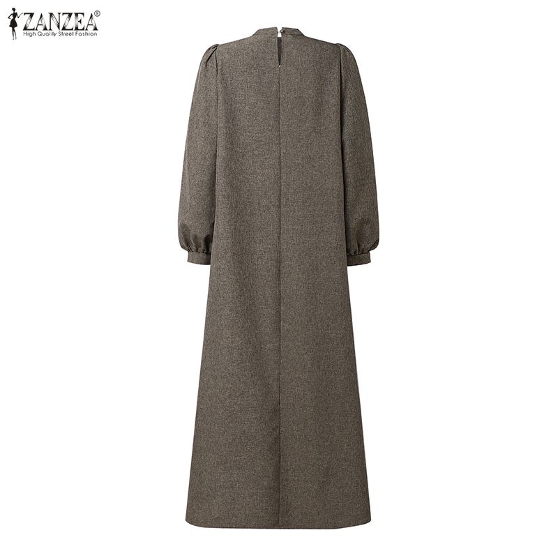 ZANZEA Vestido Casual de Manga Larga de Color Sólido con Cuello Alto para Mujer