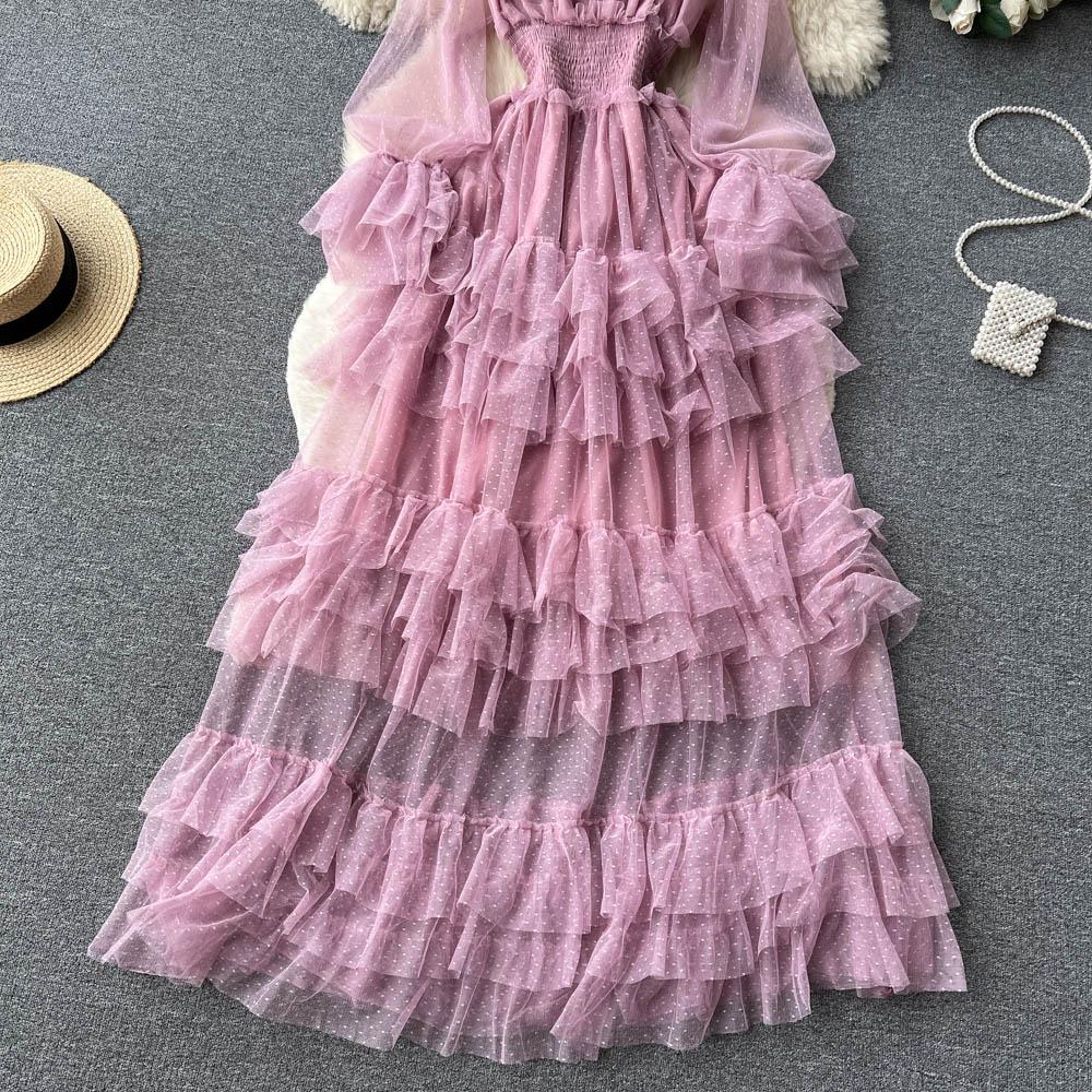 French Fashion Mesh Party Long Dress Women Ruffle Long Sleeve Slash Neck Elastic Waist Ladies Summer Elegant A Line Dresses