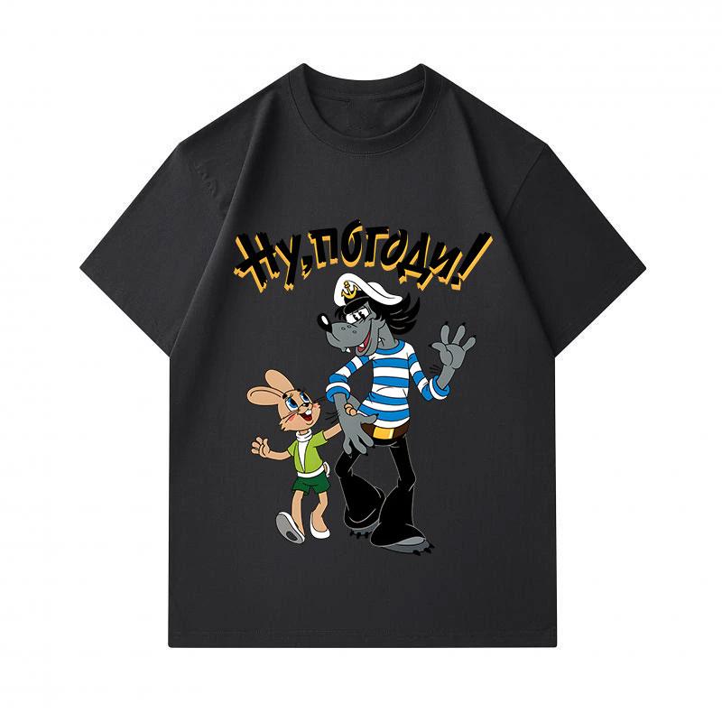 Men's 100% Cotton Crew Neck Short Sleeve T-Shirt, Funny Soviet Cartoon Wolf Hare Nu Pogodi Printed Casual Lightweight Graphic Tee for Daily Wear