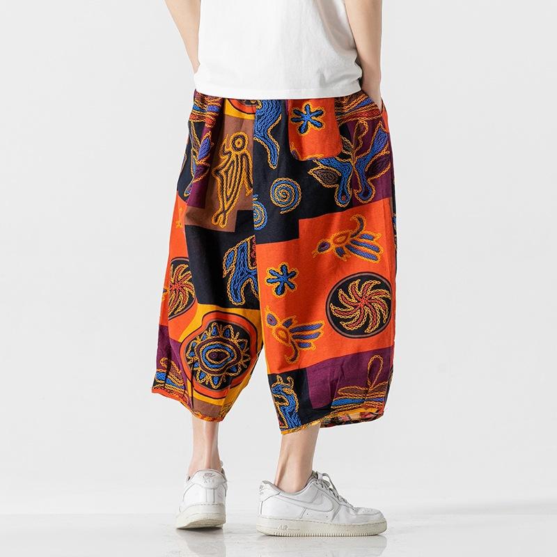 Cotton and linen summer new Chinese style men's casual trousers men's printed large size fashion wide-leg trousers