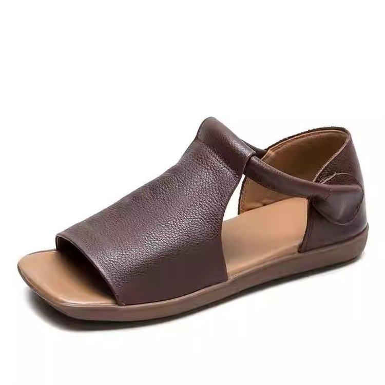 Fish mouth Roman sandals women's 2025 summer new retro style mother shoes comfortable soft bottom flat toe sandals