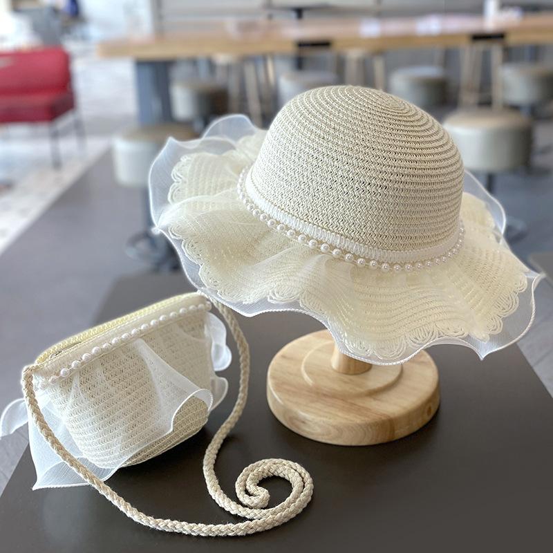 

Summer girl princess 2pcs a sets sun hat +bags Child baby casual Beach butterfly panama caps for holiday party Kid size (46-50cm)
