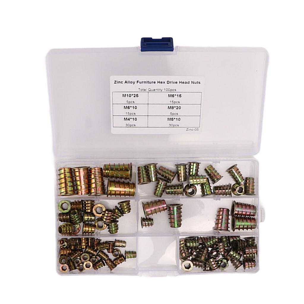 100Pcs Zinc Alloy Furniture Hex Drive Head Nuts Assortment Set with Storage Box High Hardness M4 M5 M6 M8 M10