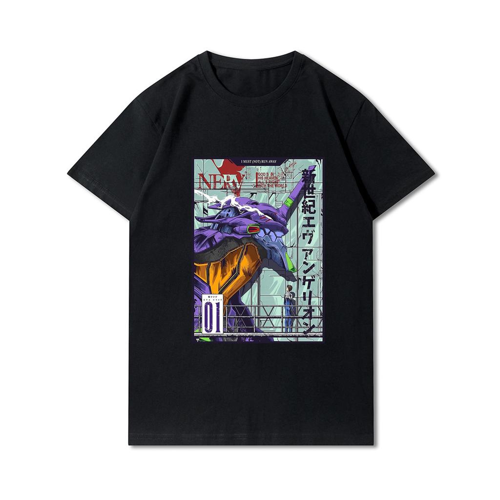 Pánská trička s potiskem Evangelion nadměrných velikostí Bavlněné topy Letní Anime Neformální Černá trička
