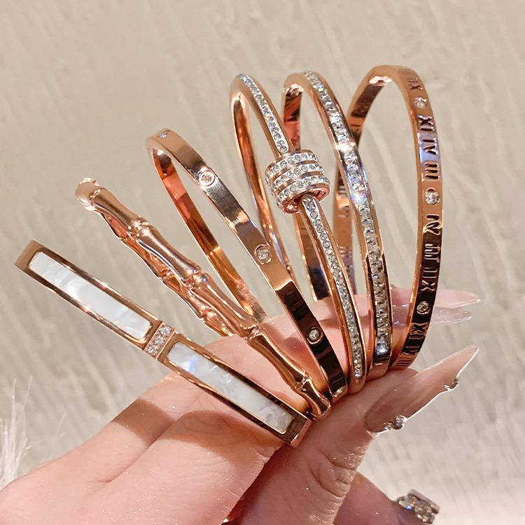 Gold Plated Zircon Titanium Steel Korean Minimalist Bangle | Versatile High-End Bracelet for Women