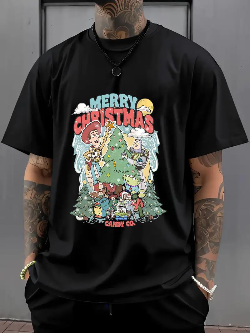 

Disney Official Toy Story Christmas T-shirt for Men - Buzz Lightyear and Woody Printed Round Neck Short Sleeve Casual Top 4XL