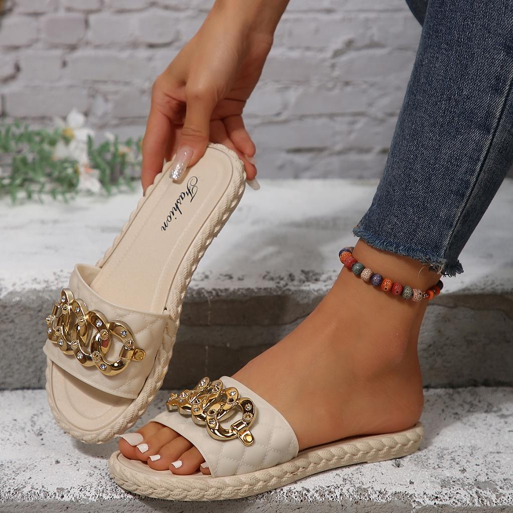 Crystal Gold Metal Chain Flat Sandals Women 2026 Summer Fashion Slip On Platform Pu Leather Slippers Woman Light Weight Slides