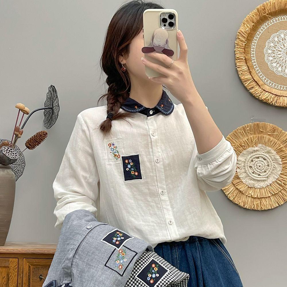 Spring Autumn Embroidered Shirt Cotton Doll Collar Vintage Artistic Versatile Top
