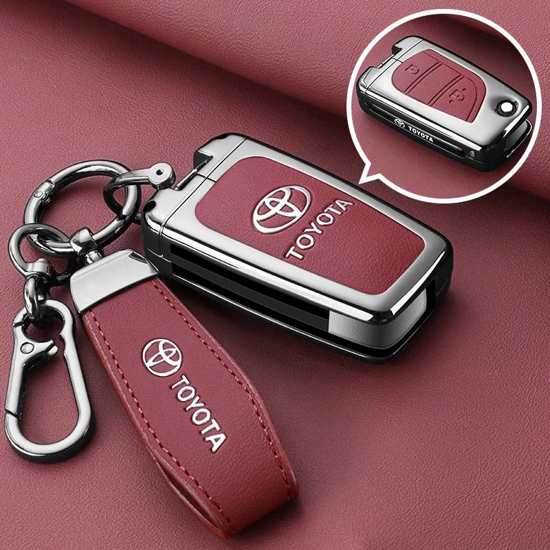 QHJS9 Zinc Alloy Leather Car Key Case Cover Shell for Toyota CHR Hilux Fortuner Land Cruiser 200 Camry Corolla Crown RAV4 Highland