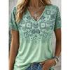 Damen Boho Bandana-Print V-Ausschnitt T-Shirt, Lässige Kurzarm-Tops, Ethnischer Stil Tägliche Kleidung für Frühling & Sommer