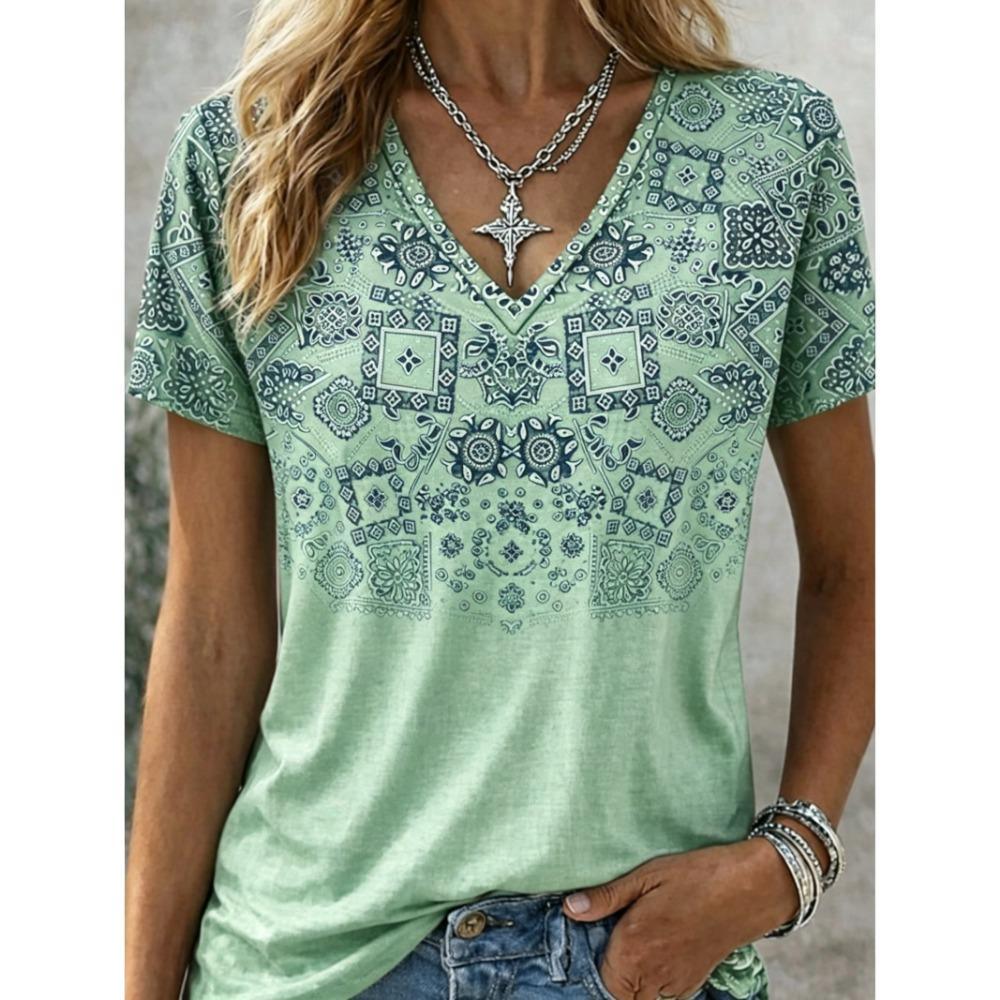 Damen Boho Bandana-Print V-Ausschnitt T-Shirt, Lässige Kurzarm-Tops, Ethnischer Stil Tägliche Kleidung für Frühling & Sommer